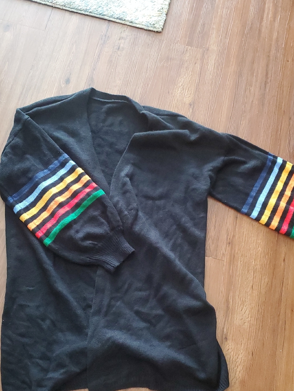 Black Women’s Sweater with Multicolor Stripe Sleeves